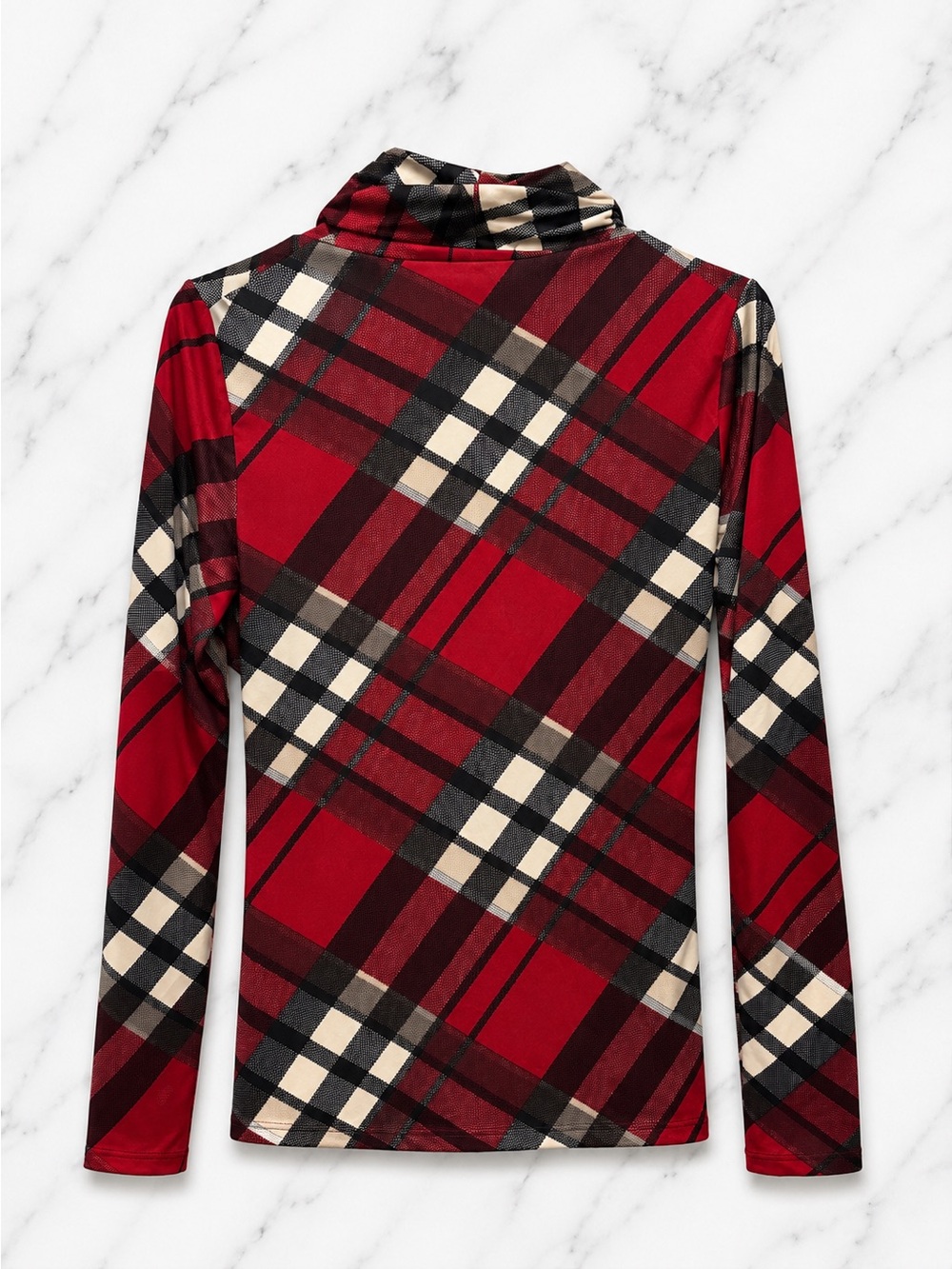 VENUS Red Black Plaid Draped Crossover Top Tartan Long Sleeve | Small - Picture 3 of 4